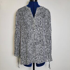 Zac & Rachel Womens Black/White Collar to Cuff Button Long Sleeve Vneck Blouse L